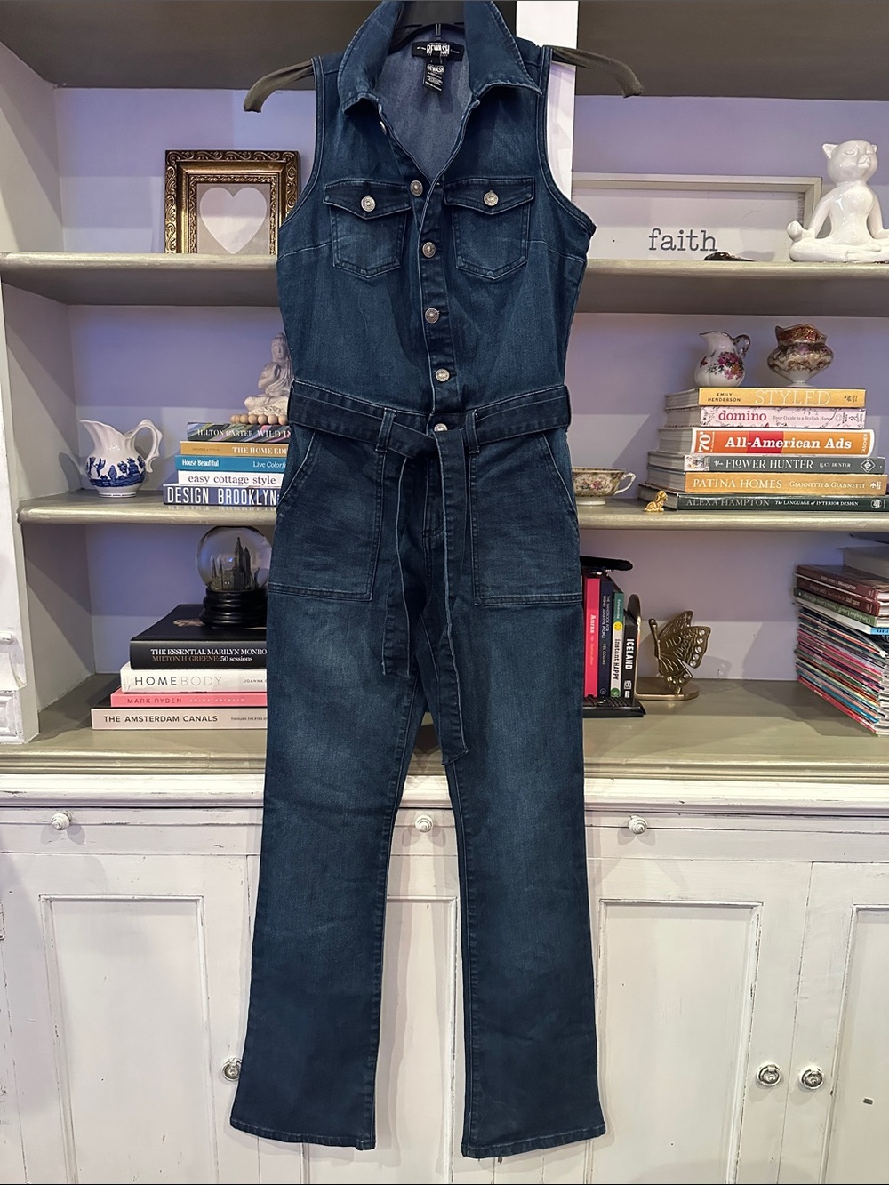 Rewash Dark Blue Sleeveless Denim Jumpsuit with Tie Waist